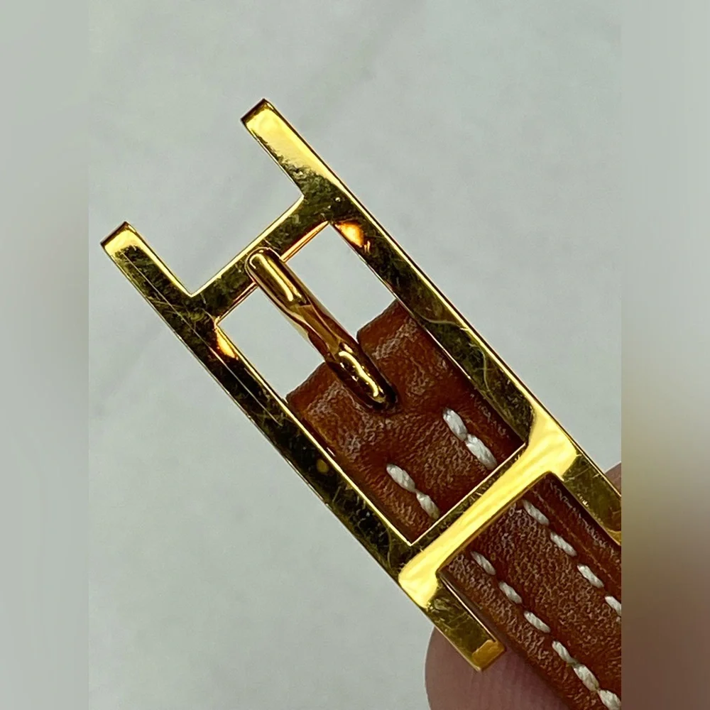 Hermes Mens Tan Leather Wrap  bracelet‎ Gold Tone H Buckle